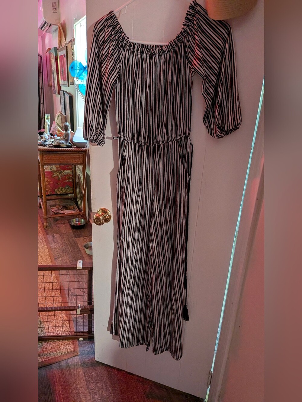 Derek Heart Black & White Vertical Stripe Off-Shoulder Maxi Dress